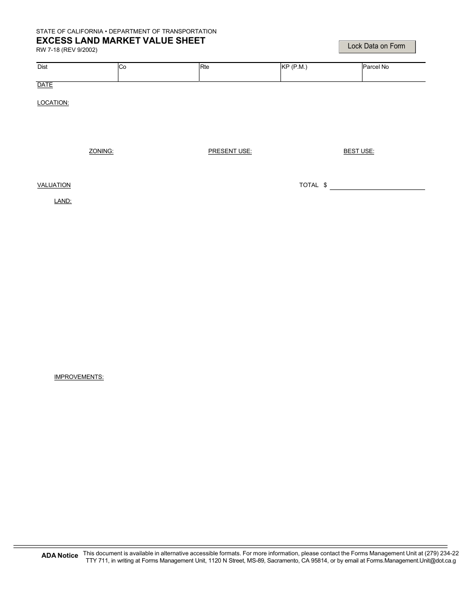 Form RW7-18 Excess Land Market Value Sheet - California, Page 1