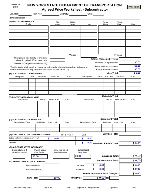 Form MURK27 Agreed Price Worksheet - Subcontractor - New York