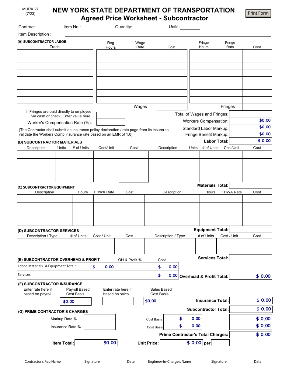 Form MURK27 Agreed Price Worksheet - Subcontractor - New York, Page 1