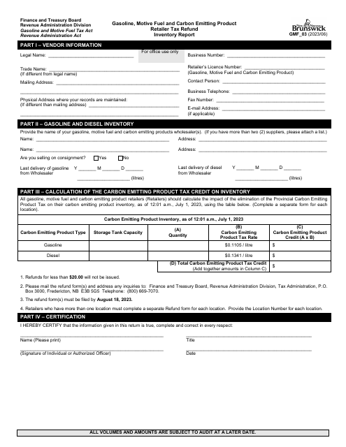 Form GMF_03 Gasoline, Motive Fuel and Carbon Emitting Product Retailer Tax Refund Inventory Report - New Brunswick, Canada