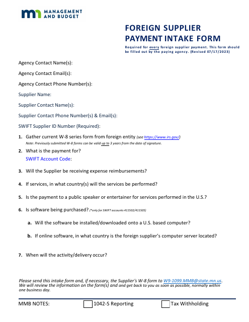 Foreign Supplier Payment Intake Form - Minnesota