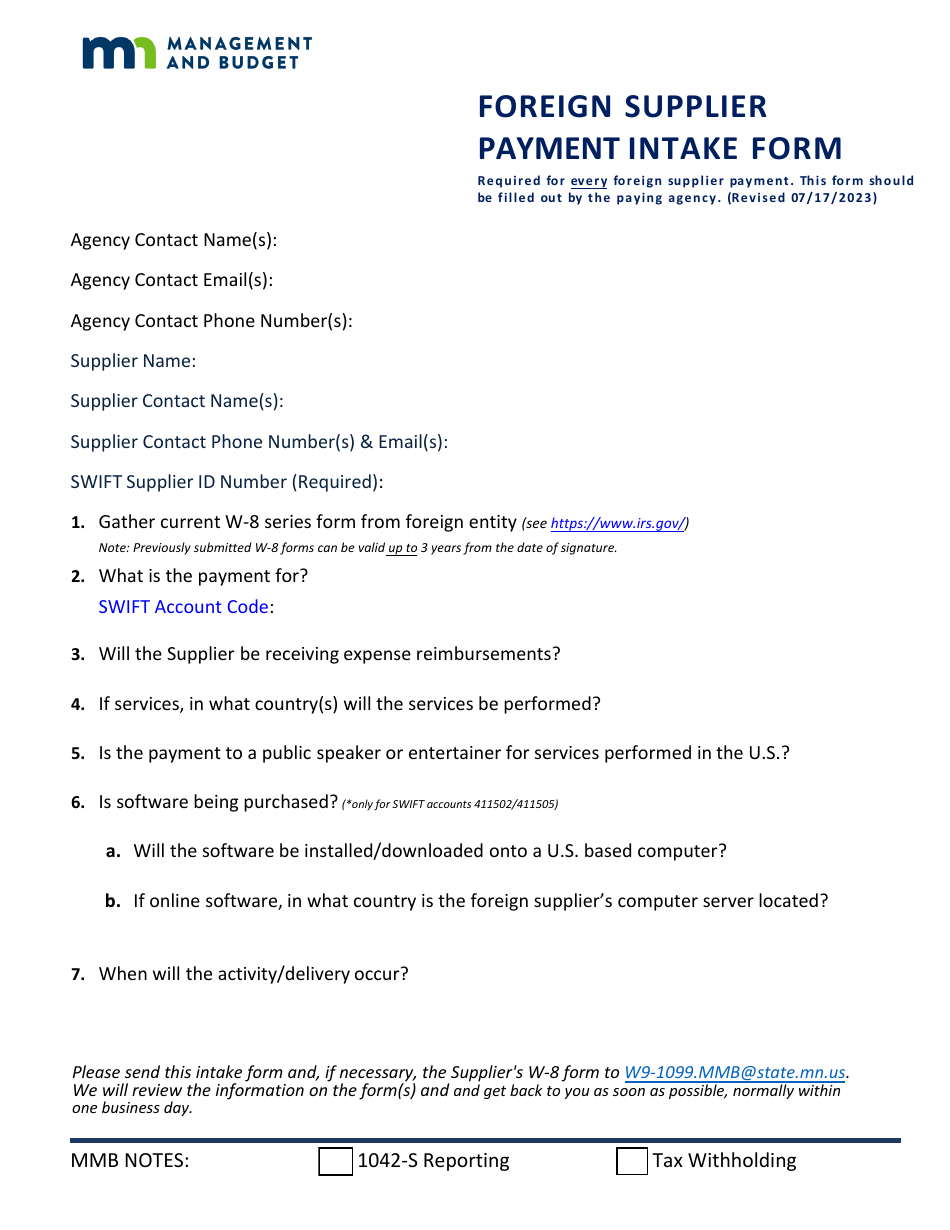 Foreign Supplier Payment Intake Form - Minnesota, Page 1