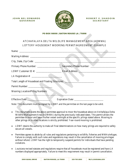 Atchafalaya Delta Wildlife Management Area (Adwma) Lottery Houseboat Mooring Permit / Agreement - Example - Louisiana Download Pdf