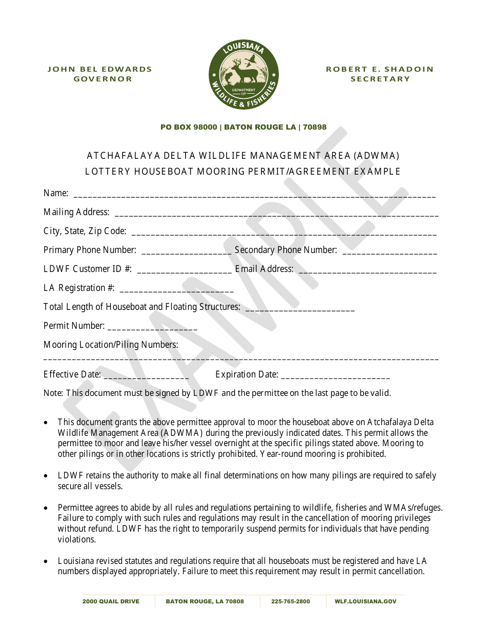 Atchafalaya Delta Wildlife Management Area (Adwma) Lottery Houseboat Mooring Permit / Agreement - Example - Louisiana, Page 1