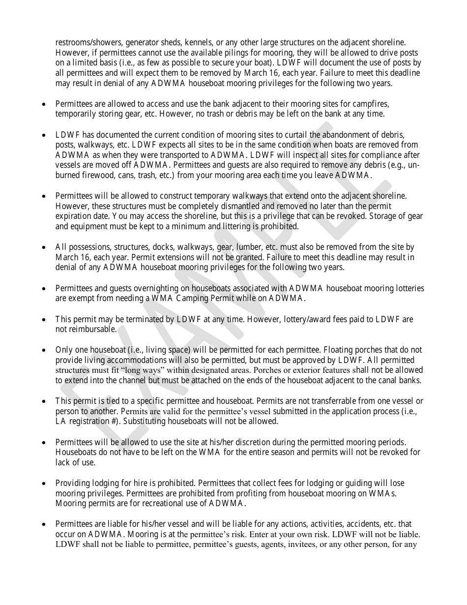 Atchafalaya Delta Wildlife Management Area (Adwma) Lottery Houseboat Mooring Permit / Agreement - Example - Louisiana, Page 3