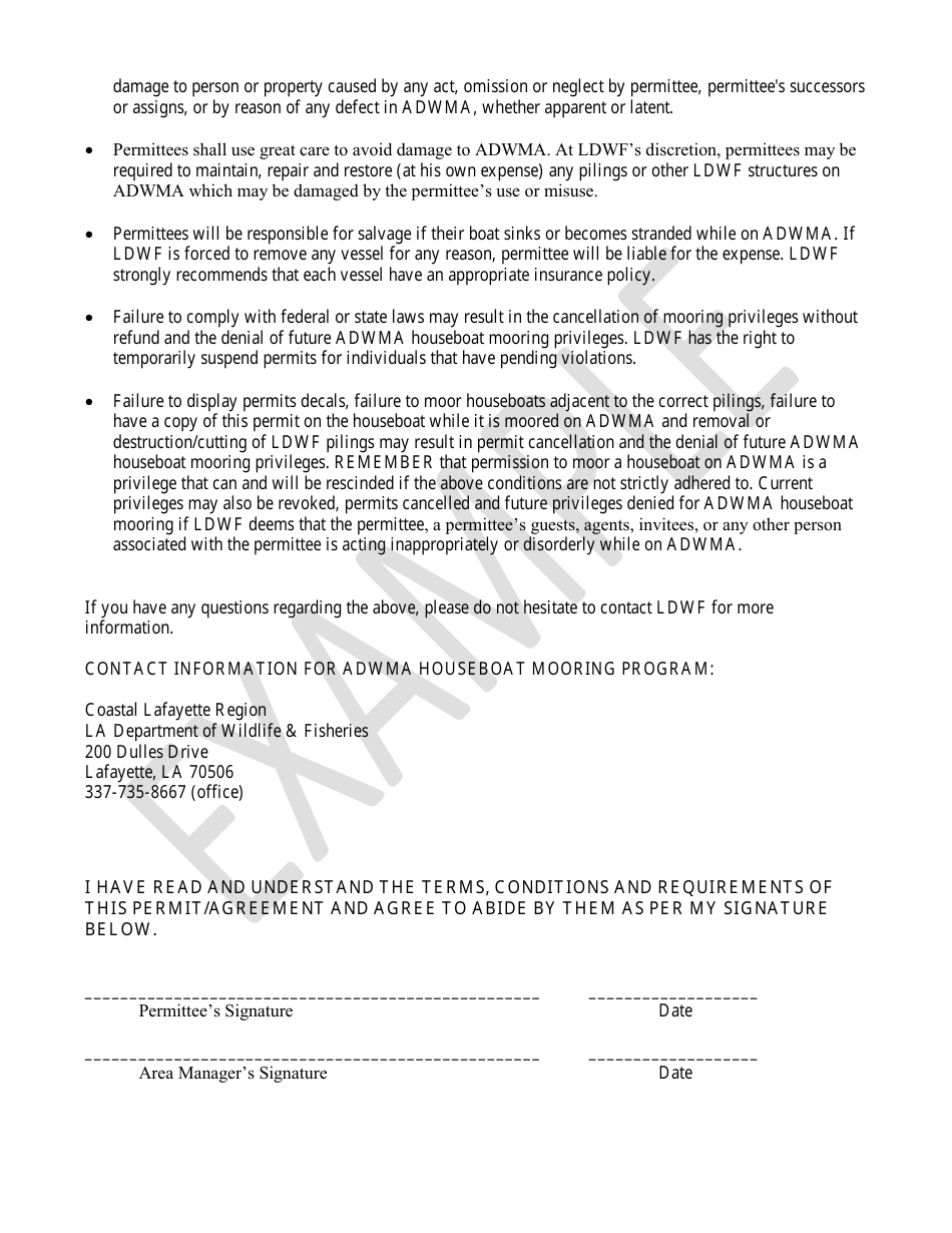 Atchafalaya Delta Wildlife Management Area (Adwma) Lottery Houseboat Mooring Permit / Agreement - Example - Louisiana, Page 4