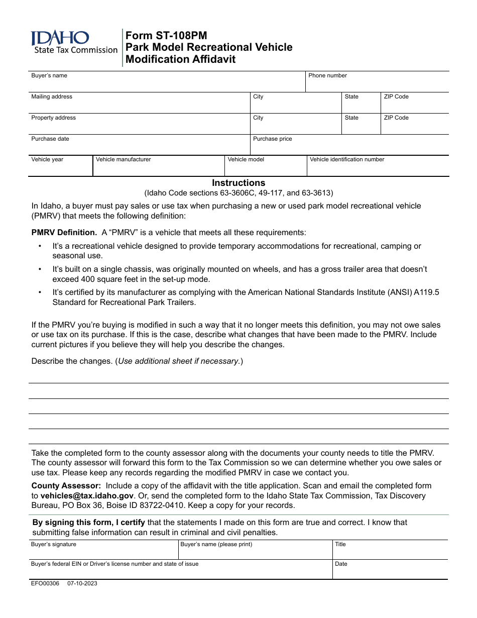 Form ST-108PM (EFO00306) Park Model Recreational Vehicle Modification Affidavit - Idaho, Page 1