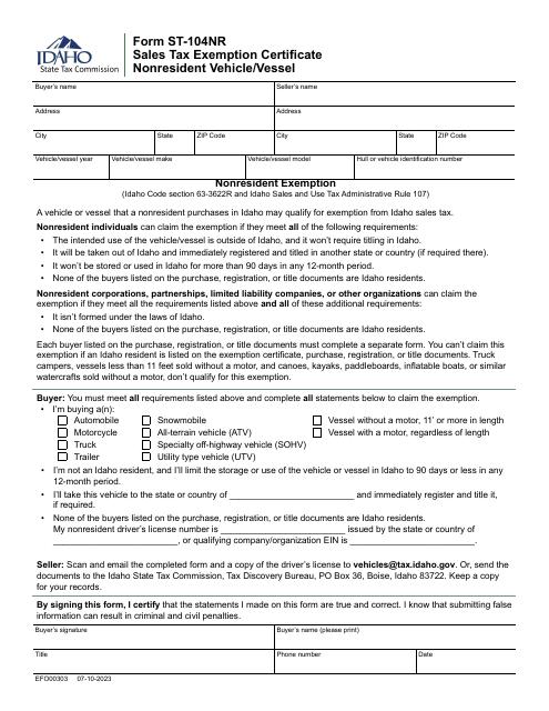 Form ST-104NR (EFO00303) Sales Tax Exemption Certificate Nonresident Vehicle/Vessel - Idaho
