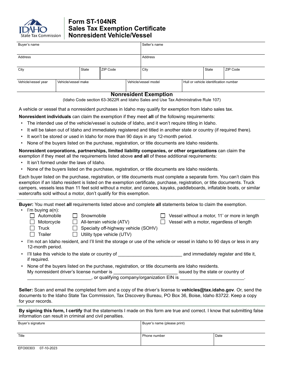 Form ST-104NR (EFO00303) Sales Tax Exemption Certificate Nonresident Vehicle / Vessel - Idaho, Page 1