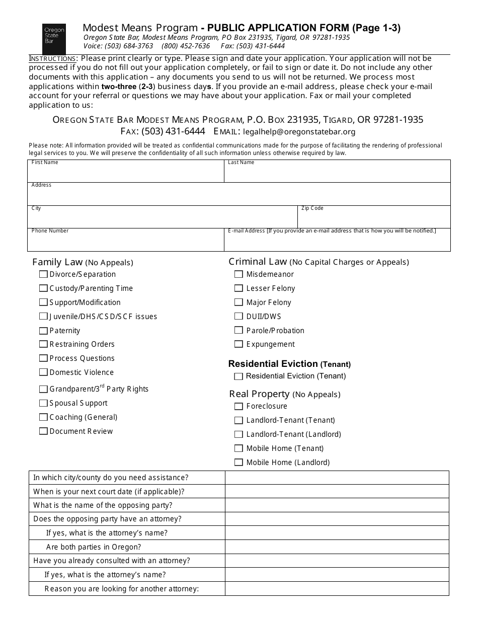 Oregon Public Application Form Modest Means Program Fill Out Sign Online And Download Pdf