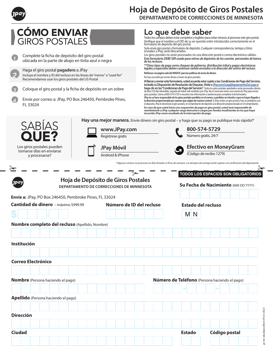 Hoja De Deposito De Giros Postales - Minnesota (Spanish), Page 1