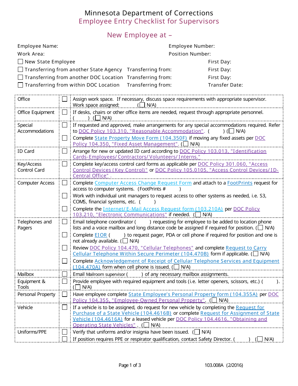 Employee Entry Checklist for Supervisors - Minnesota, Page 1