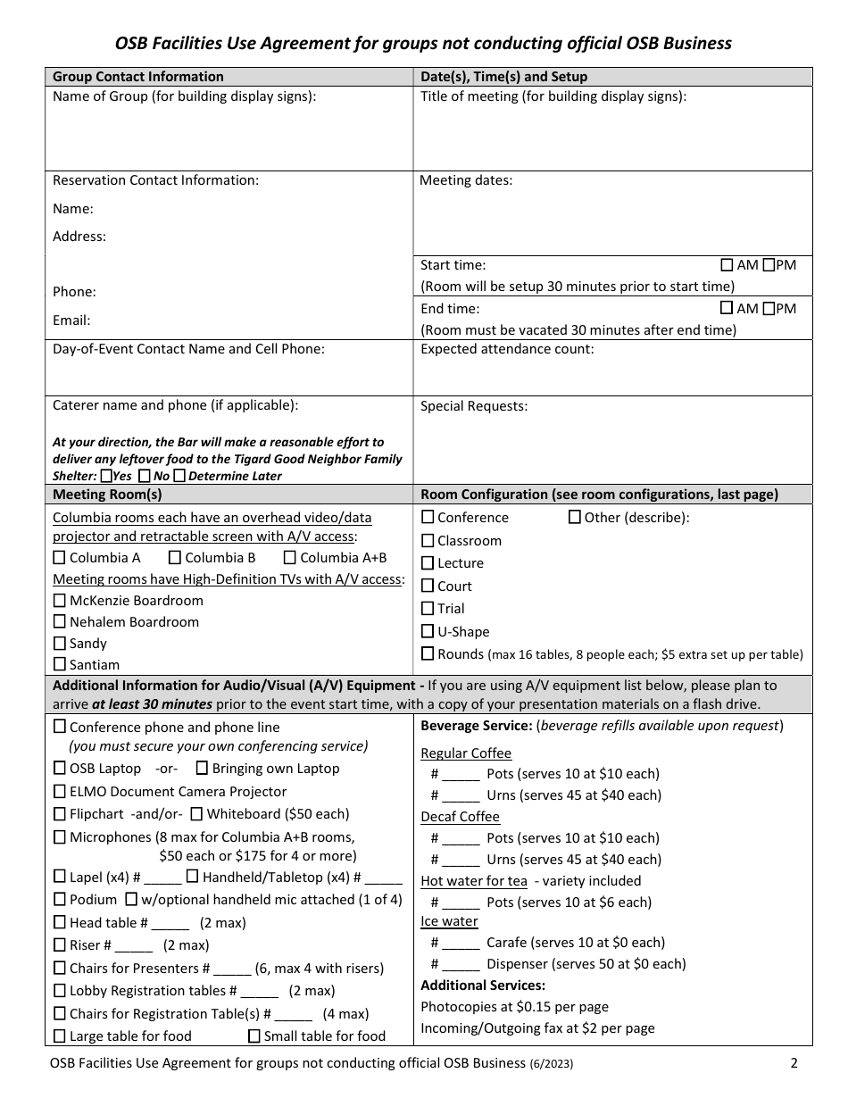 Osb Facilities Use Agreement for Groups Not Conducting Official Osb Business - Oregon, Page 2