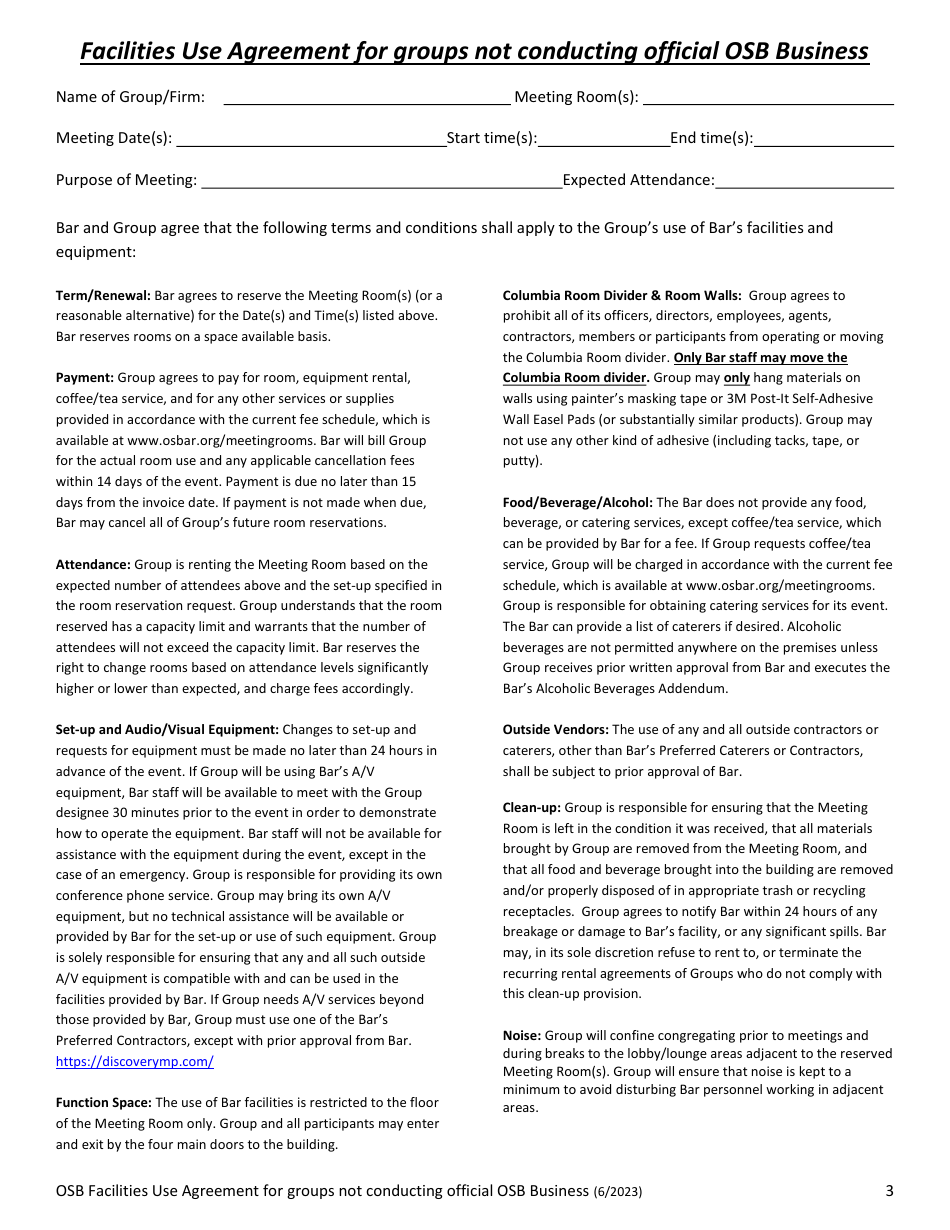 Osb Facilities Use Agreement for Groups Not Conducting Official Osb Business - Oregon, Page 3