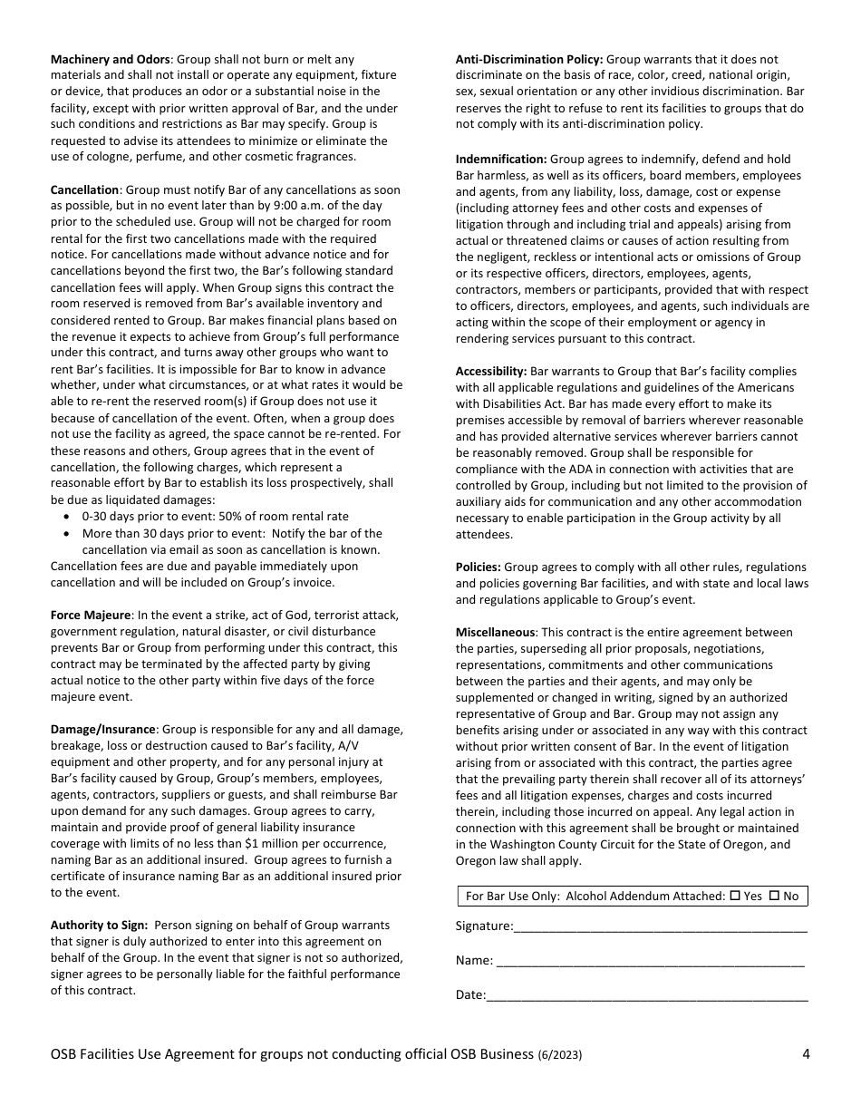 Osb Facilities Use Agreement for Groups Not Conducting Official Osb Business - Oregon, Page 4