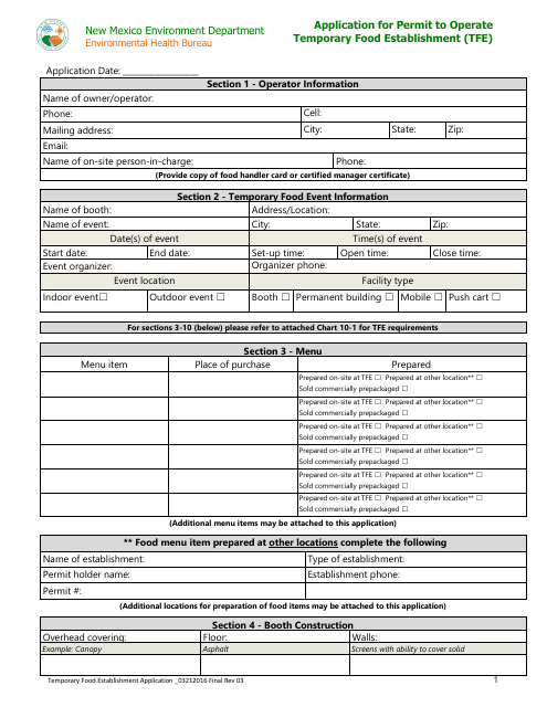 Application for Permit to Operate Temporary Food Establishment (Tfe) - New Mexico