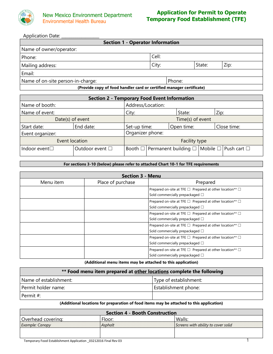 Application for Permit to Operate Temporary Food Establishment (Tfe) - New Mexico, Page 1