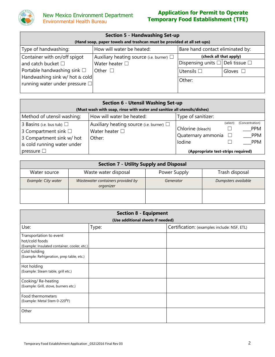 New Mexico Application for Permit to Operate Temporary Food