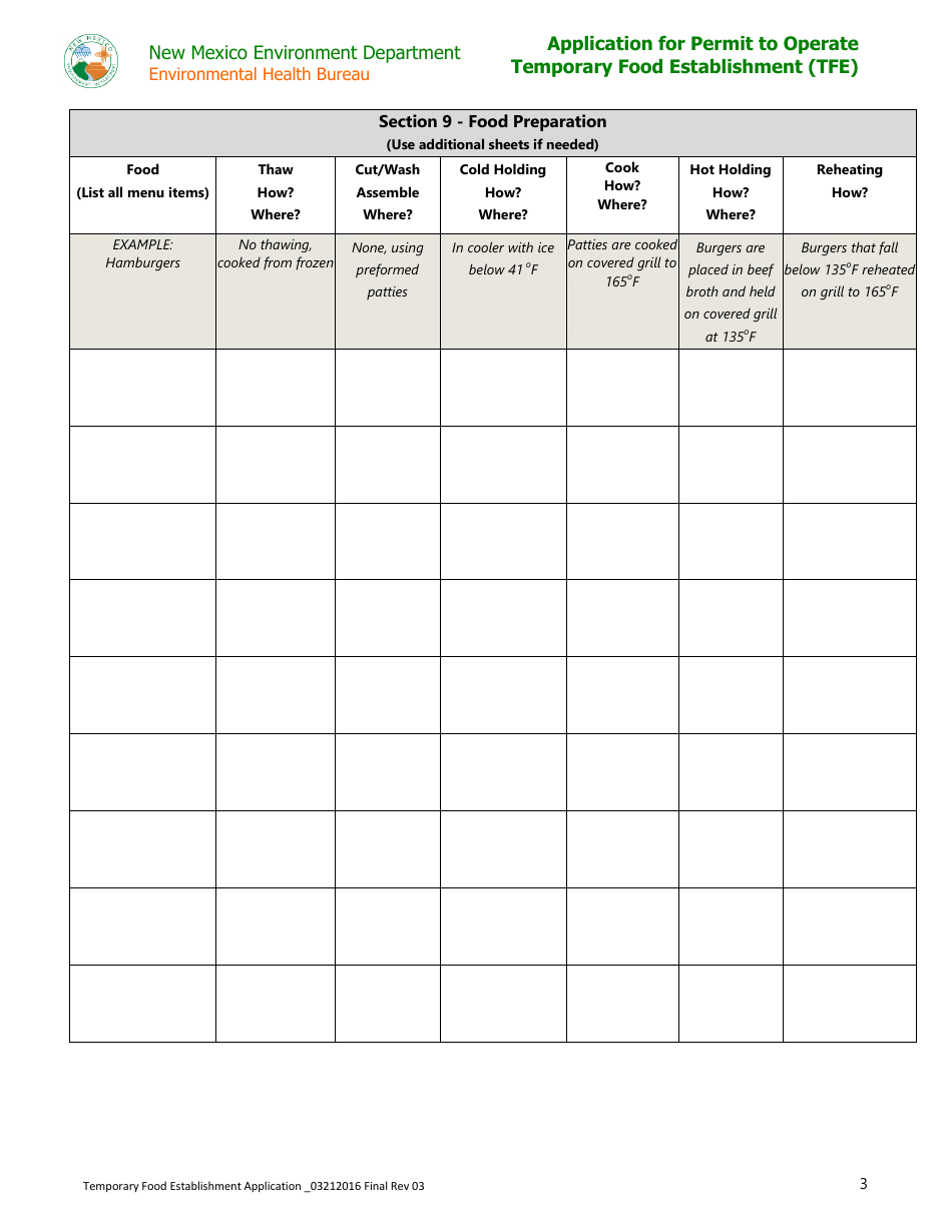 Application for Permit to Operate Temporary Food Establishment (Tfe) - New Mexico, Page 3