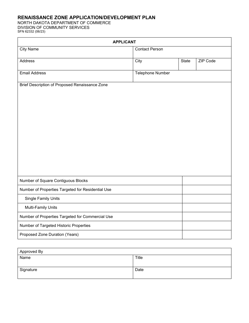 Form SFN62332 Renaissance Zone Application / Development Plan - North Dakota, Page 1
