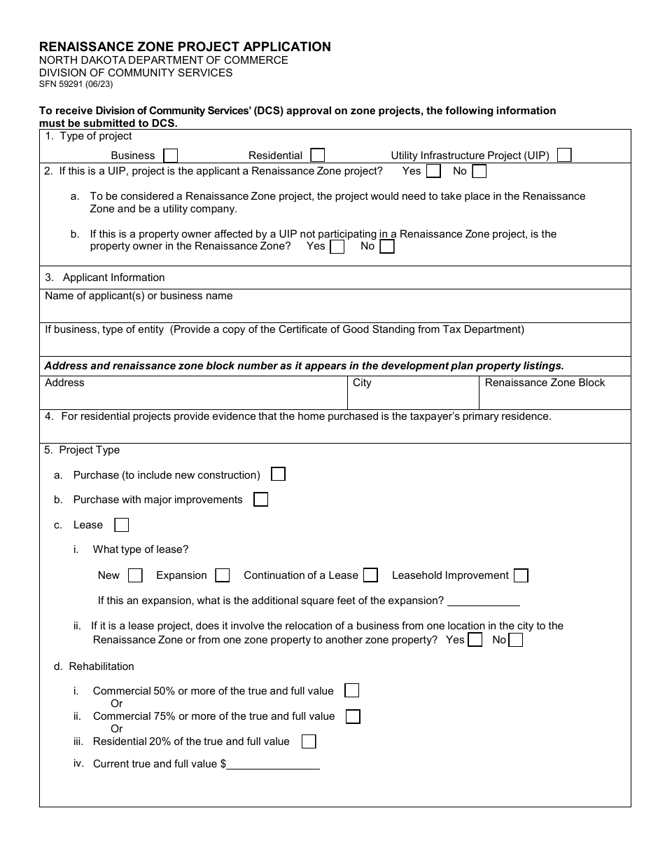 Form SFN59291 Renaissance Zone Project Application - North Dakota, Page 1