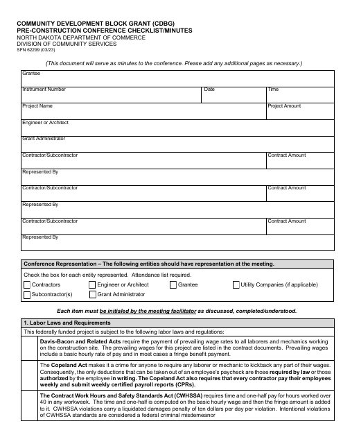 Form SFN62299 Community Development Block Grant (Cdbg) Pre-construction Conference Checklist/Minutes - North Dakota