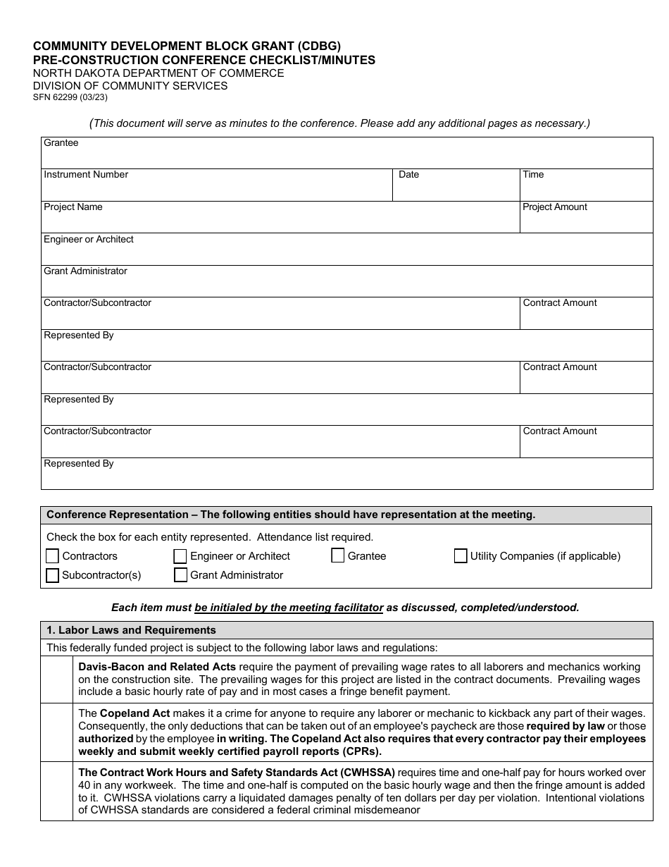 Form SFN62299 Community Development Block Grant (Cdbg) Pre-construction Conference Checklist / Minutes - North Dakota, Page 1
