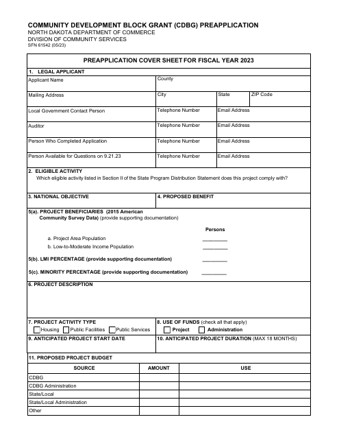 Form SFN61542 Community Development Block Grant (Cdbg) Preapplication - North Dakota, 2023