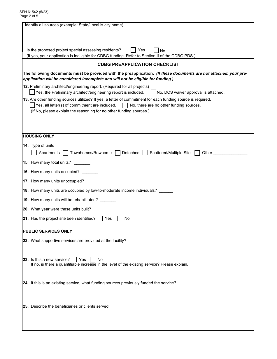 Form SFN61542 Community Development Block Grant (Cdbg) Preapplication - North Dakota, Page 2