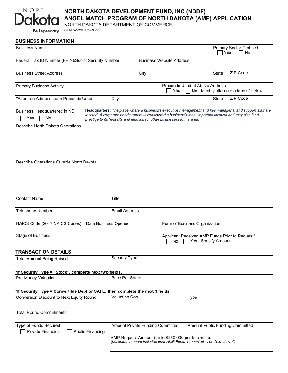 Form SFN62255 North Dakota Development Fund, Inc (Nddf) Angel Match Program of North Dakota (Amp) Application - North Dakota, Page 1