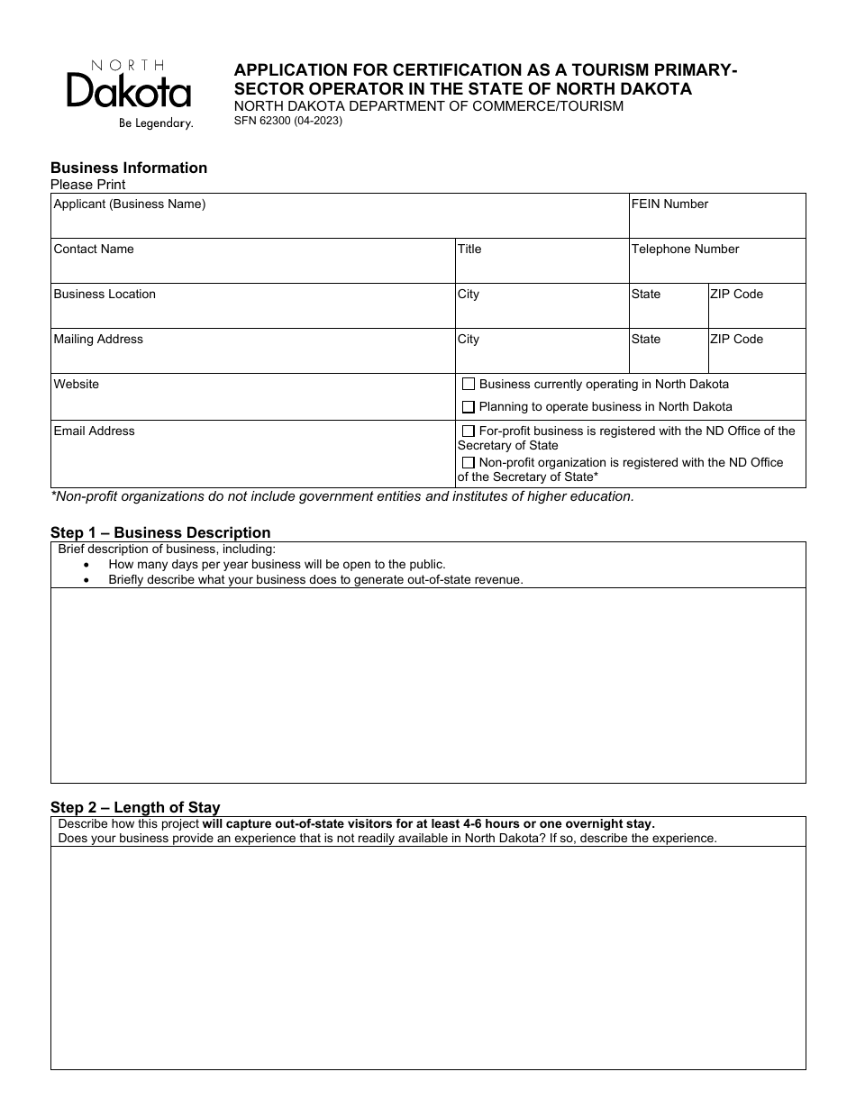 Form SFN62300 Application for Certification as a Tourism Primary-Sector Operator in the State of North Dakota - North Dakota, Page 1