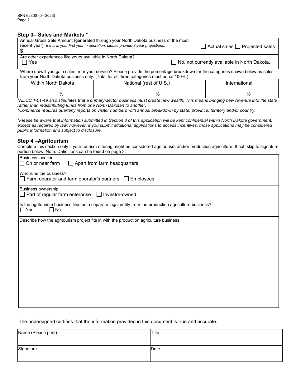 Form SFN62300 Application for Certification as a Tourism Primary-Sector Operator in the State of North Dakota - North Dakota, Page 2