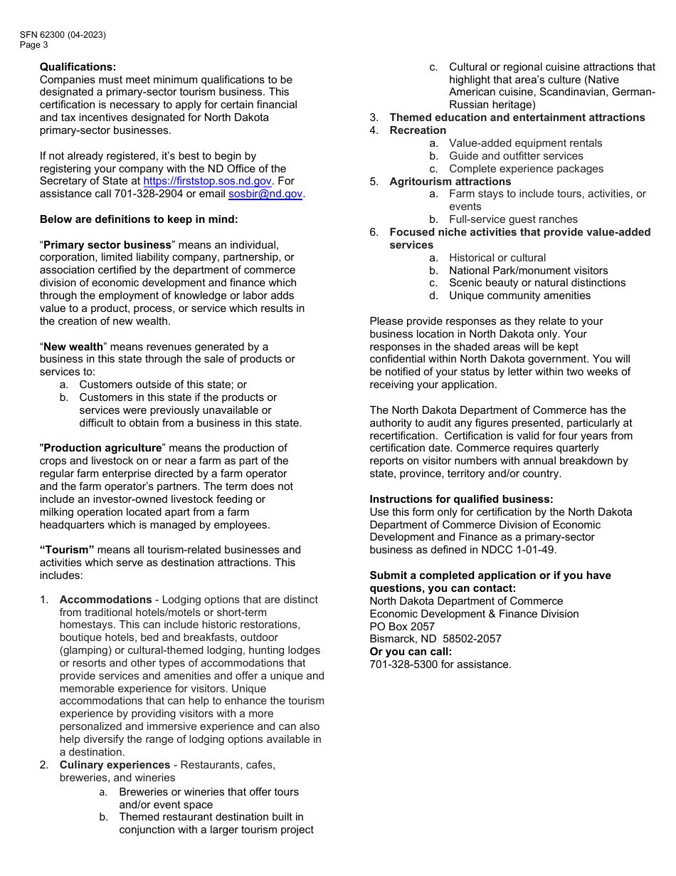 Form SFN62300 Application for Certification as a Tourism Primary-Sector Operator in the State of North Dakota - North Dakota, Page 3