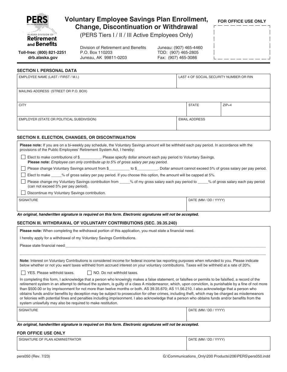 Form PERS050 Voluntary Employee Savings Plan Enrollment, Change, Discontinuation or Withdrawal (Pers Tiers I / II / Iii Active Employees Only) - Alaska, Page 1