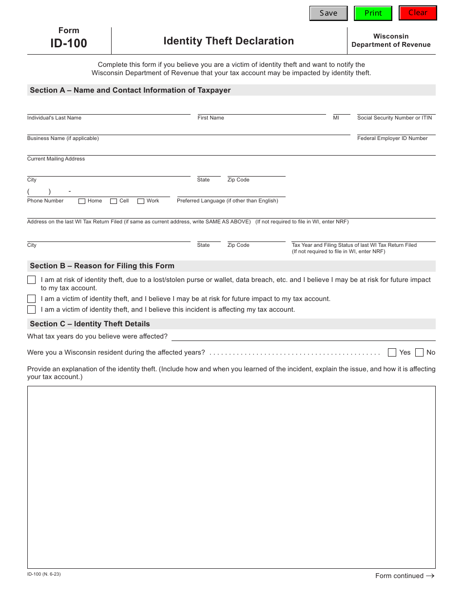 Form ID-100 Identity Theft Declaration - Wisconsin, Page 1