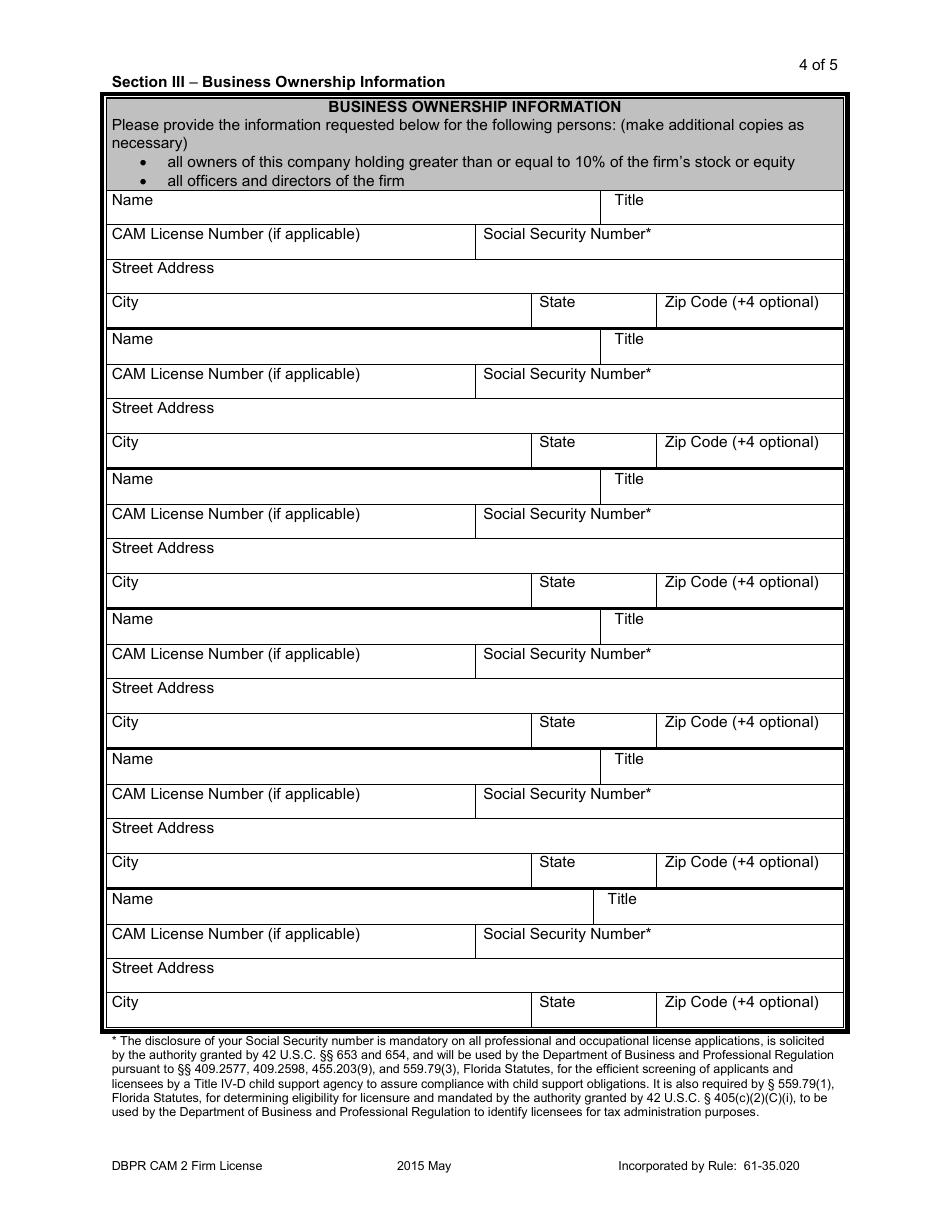Form DBPR CAM2 Application for Community Association Management Firm License - Florida, Page 5