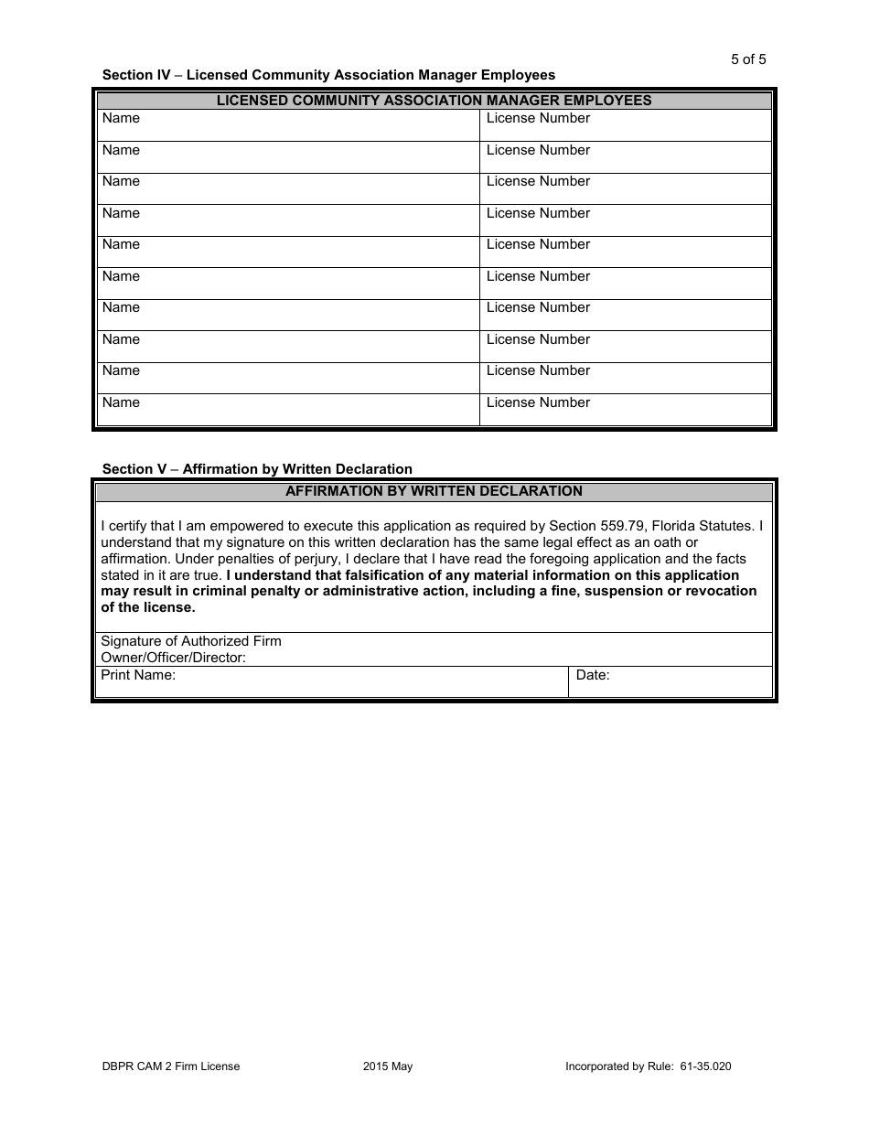 Form DBPR CAM2 Application for Community Association Management Firm License - Florida, Page 6