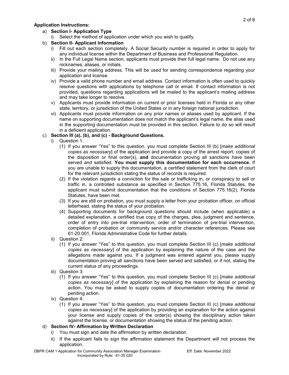 Form DBPR CAM1 Application for Community Association Manager Examination - Florida, Page 3