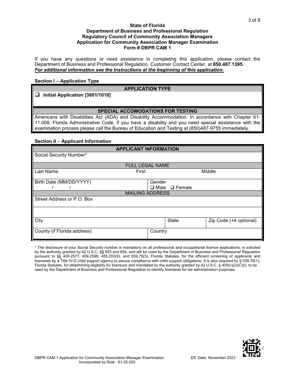 Form DBPR CAM1 Application for Community Association Manager Examination - Florida, Page 4
