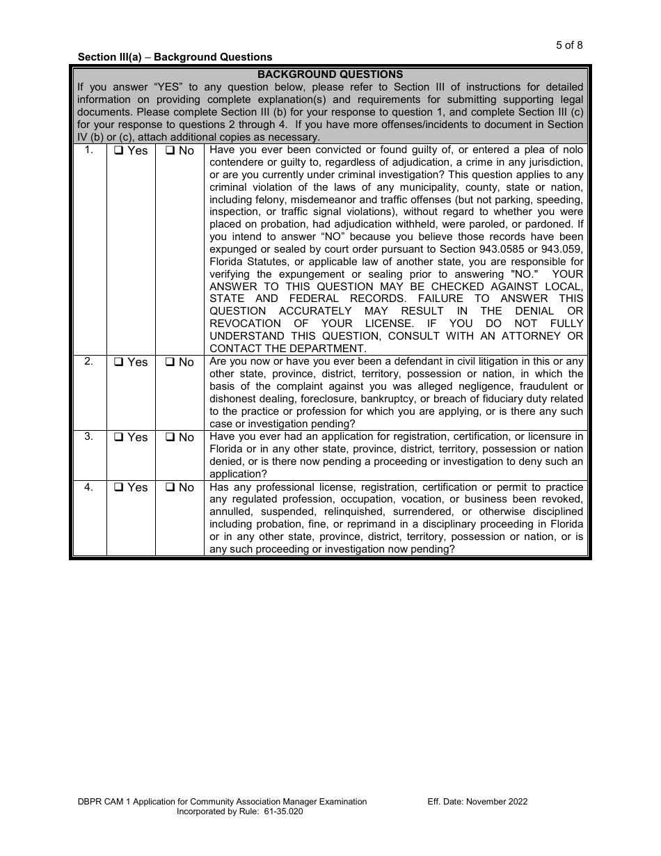Form DBPR CAM1 Application for Community Association Manager Examination - Florida, Page 6