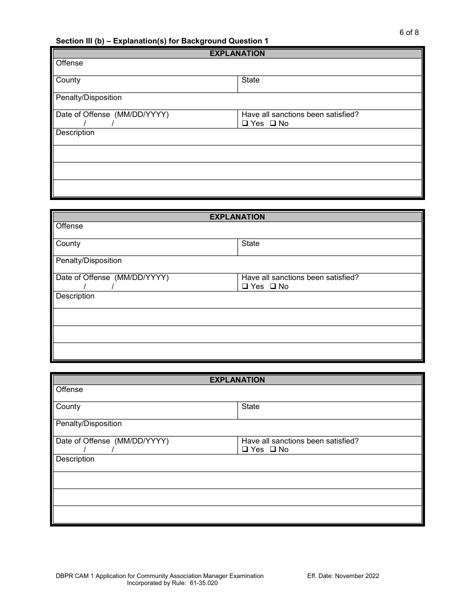 Form DBPR CAM1 Application for Community Association Manager Examination - Florida, Page 7