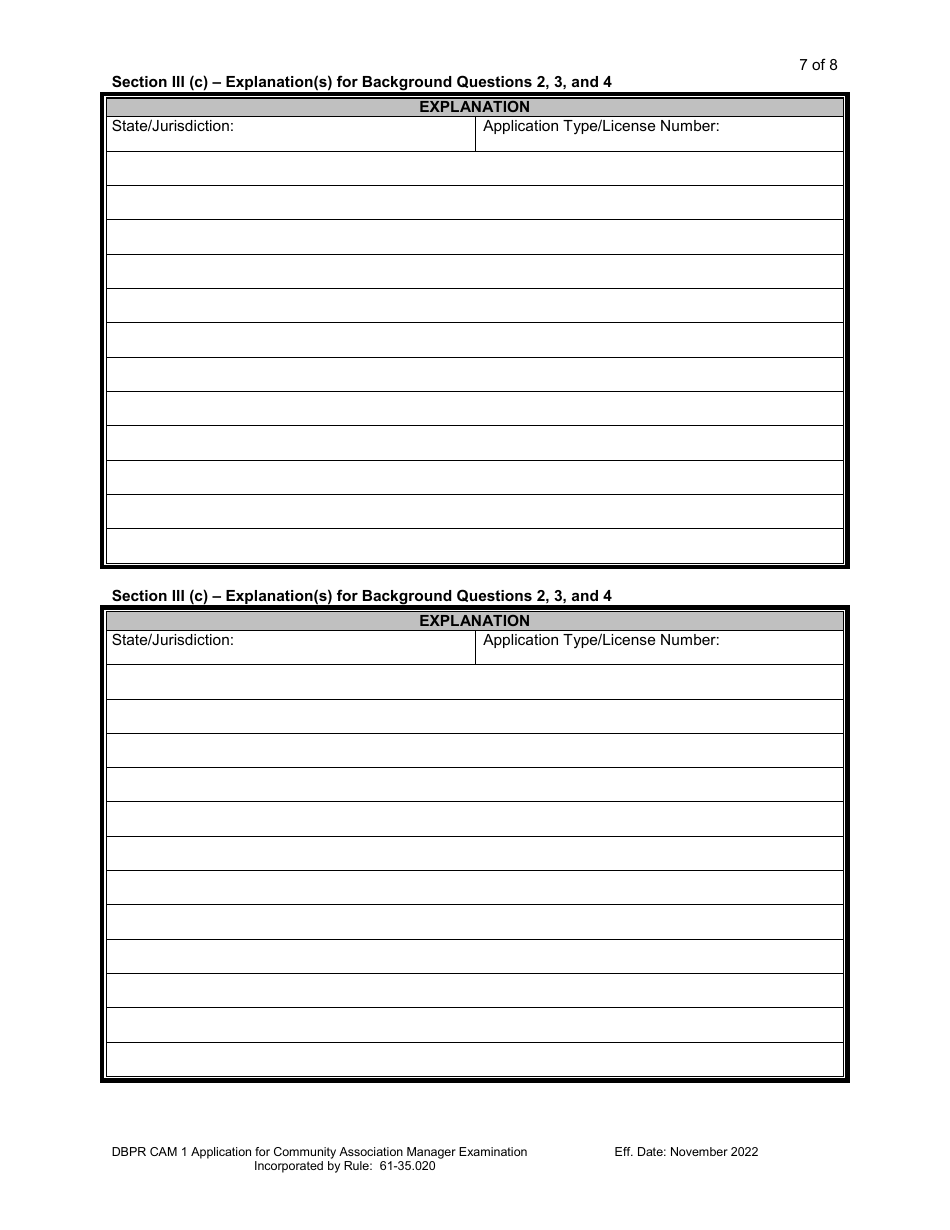 Form DBPR CAM1 Application for Community Association Manager Examination - Florida, Page 8