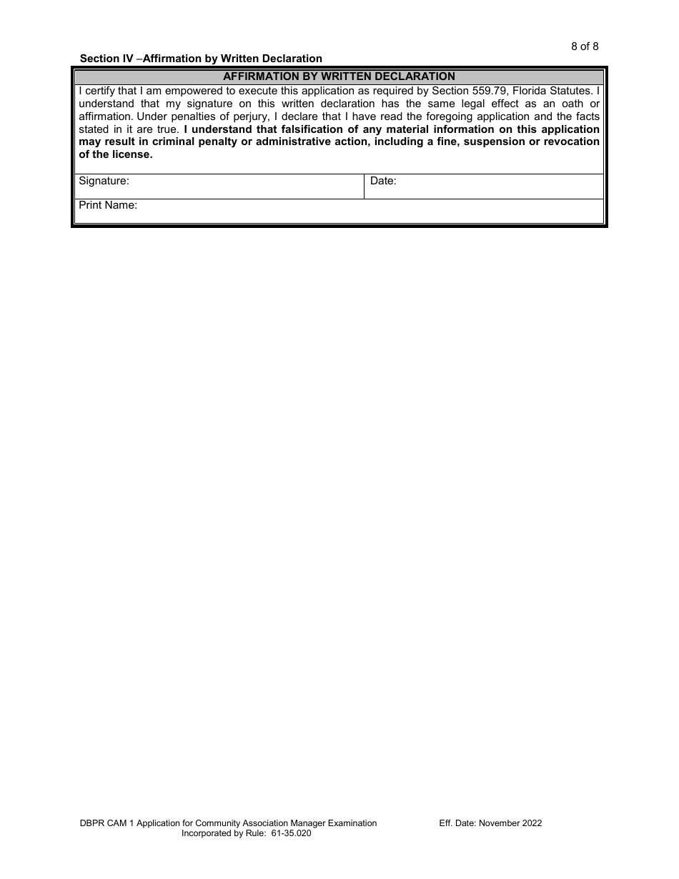 Form DBPR CAM1 Application for Community Association Manager Examination - Florida, Page 9