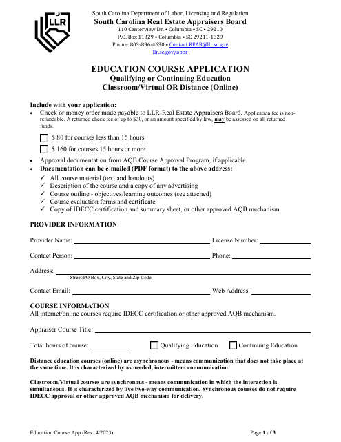 Education Course Application - Qualifying or Continuing Education Classroom / Virtual or Distance (Online) - South Carolina Download Pdf