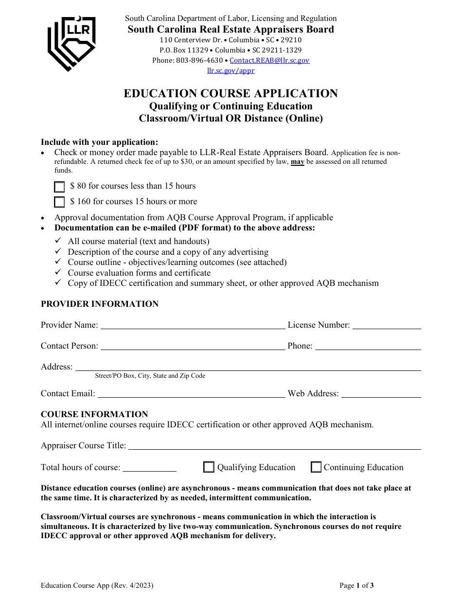 Education Course Application - Qualifying or Continuing Education Classroom / Virtual or Distance (Online) - South Carolina, Page 1