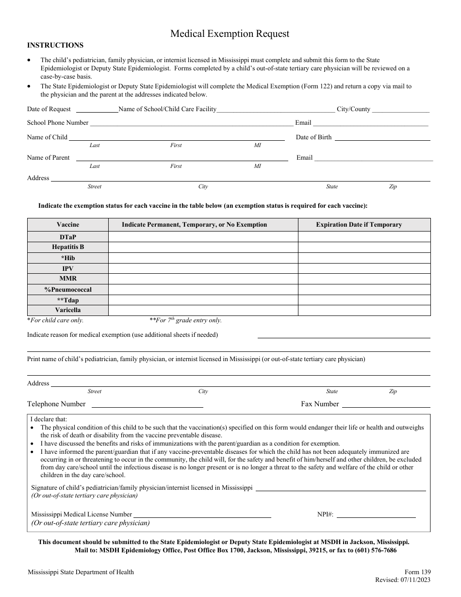 Form 139 Medical Exemption Request - Mississippi, Page 1
