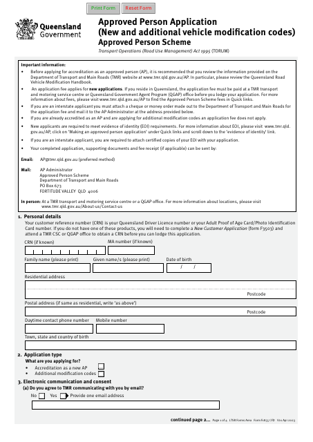 Form F1855 Approved Person Application (New and Additional Vehicle Modification Codes) - Approved Person Scheme - Queensland, Australia