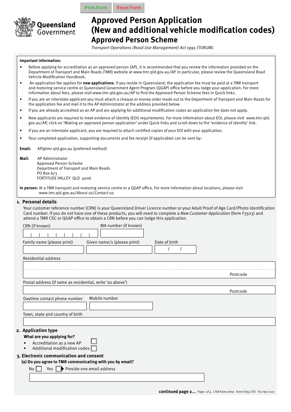 Form F1855 Approved Person Application (New and Additional Vehicle Modification Codes) - Approved Person Scheme - Queensland, Australia, Page 1