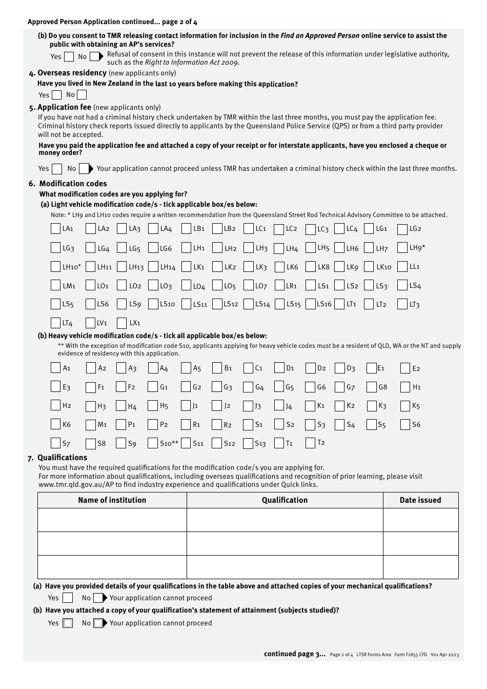 Form F1855 Approved Person Application (New and Additional Vehicle Modification Codes) - Approved Person Scheme - Queensland, Australia, Page 2