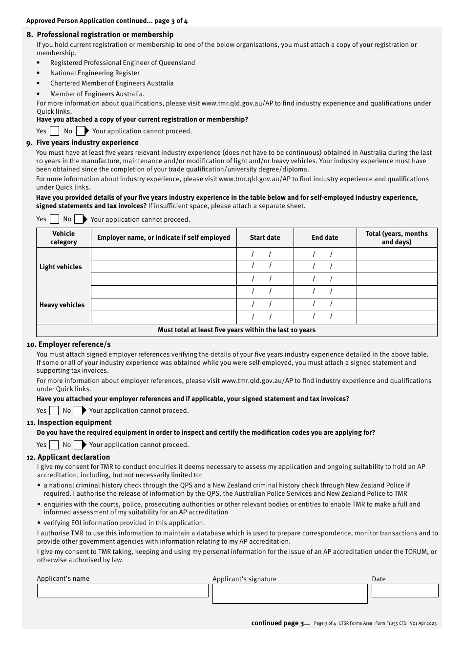 Form F1855 Approved Person Application (New and Additional Vehicle Modification Codes) - Approved Person Scheme - Queensland, Australia, Page 3